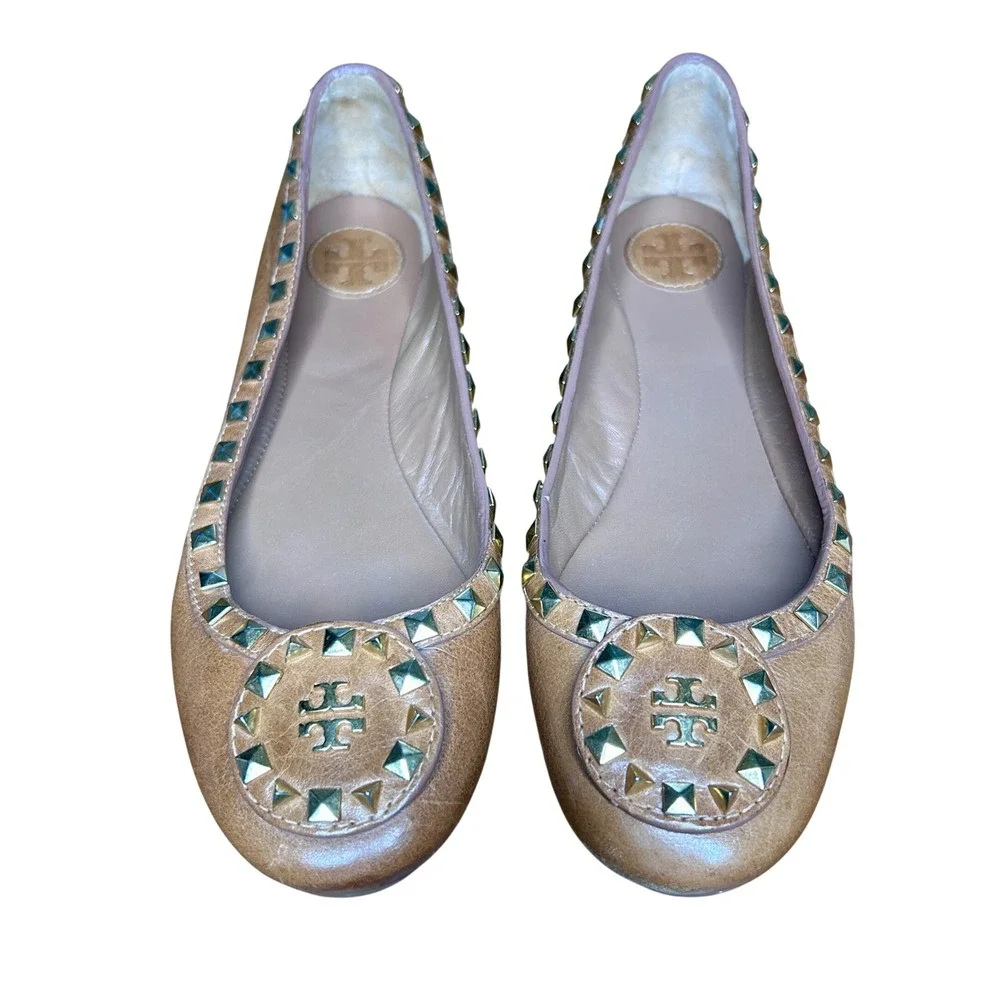 Tory‎ Burch Dale Ballet Flats Womens 8 Tan Leather Studded Logo shoes